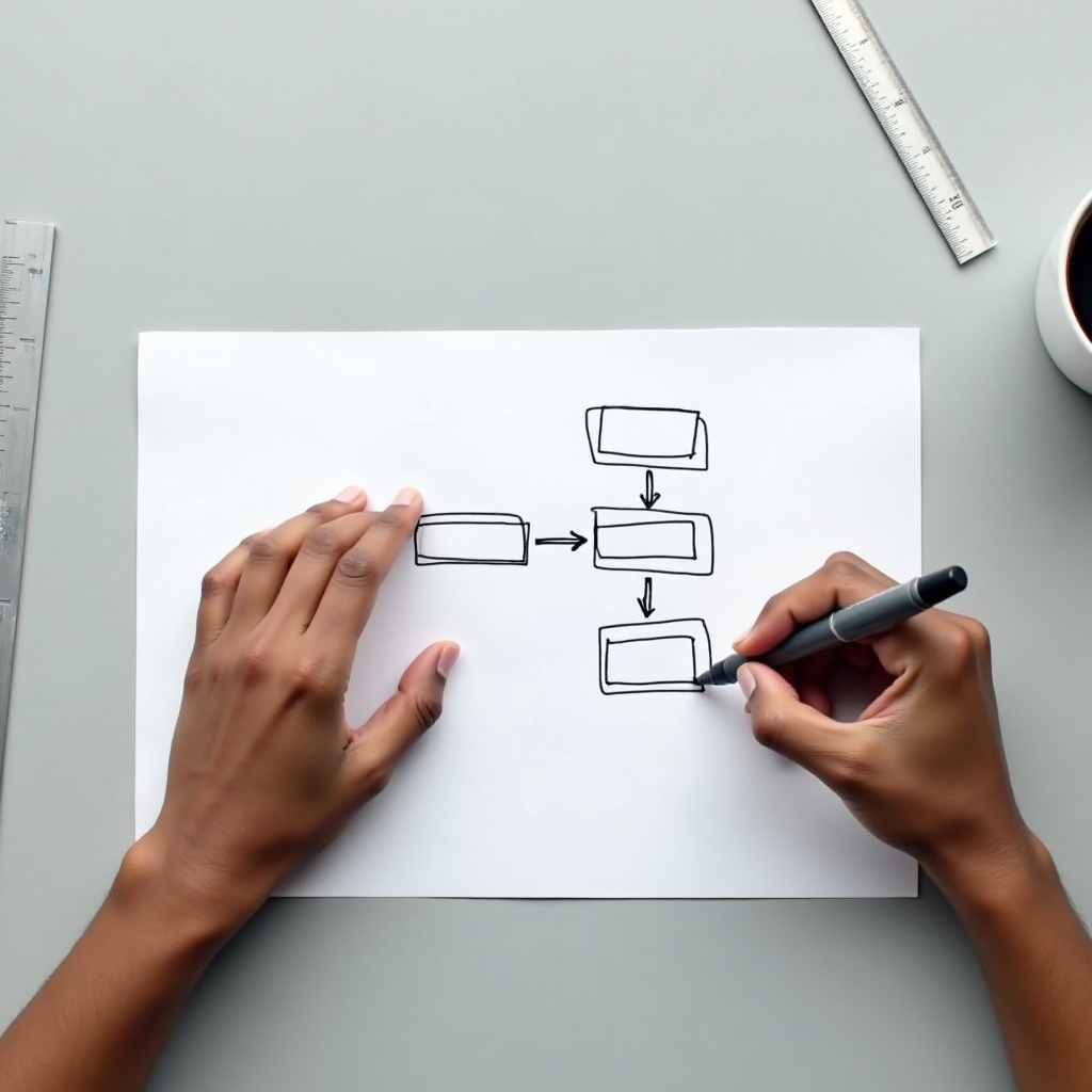 Close-up of a person's hands drawing a simple diagram on paper at a bright desk, planning an educational structure