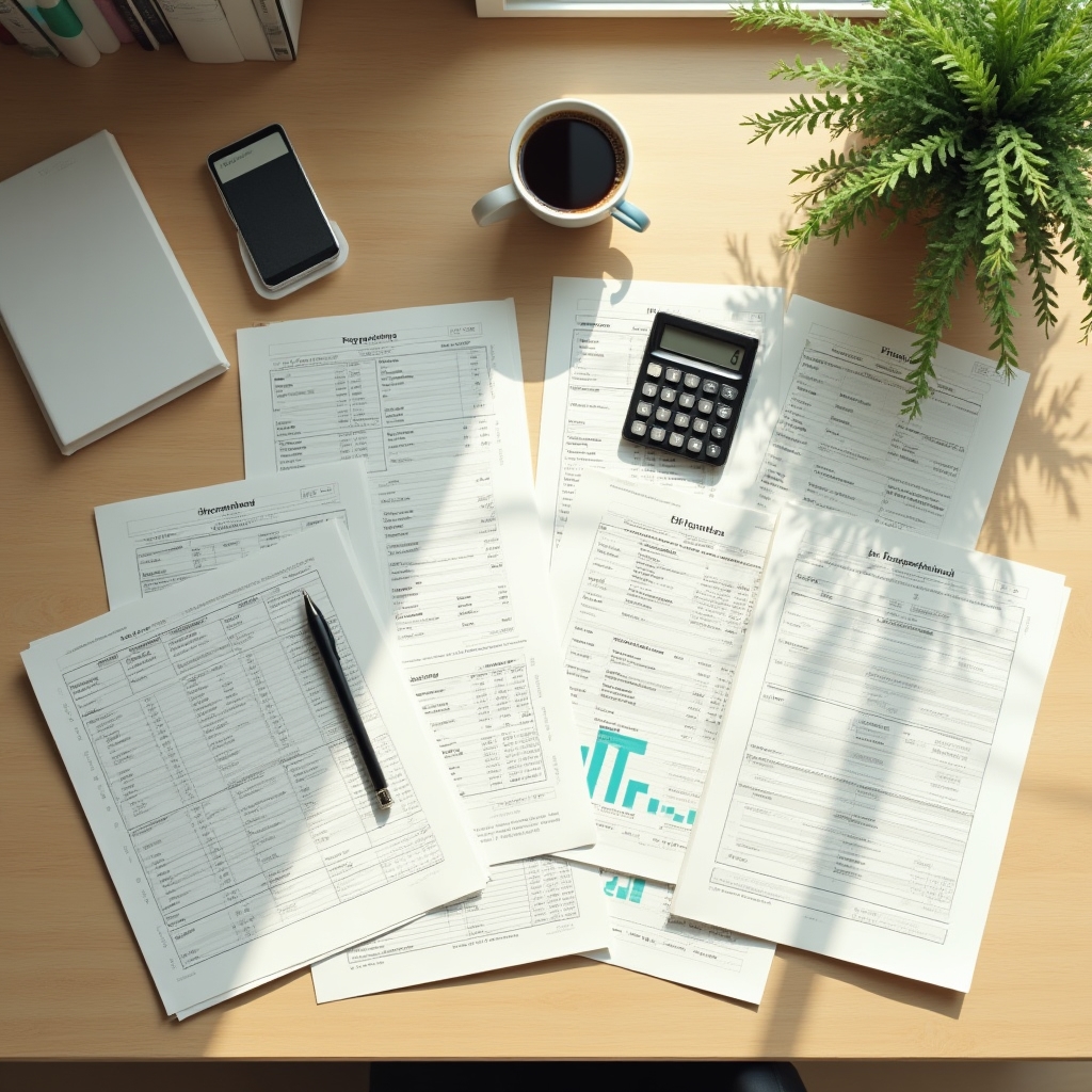 Wide aerial view of a tidy desk with financial papers, a calculator, and a plant in soft morning light