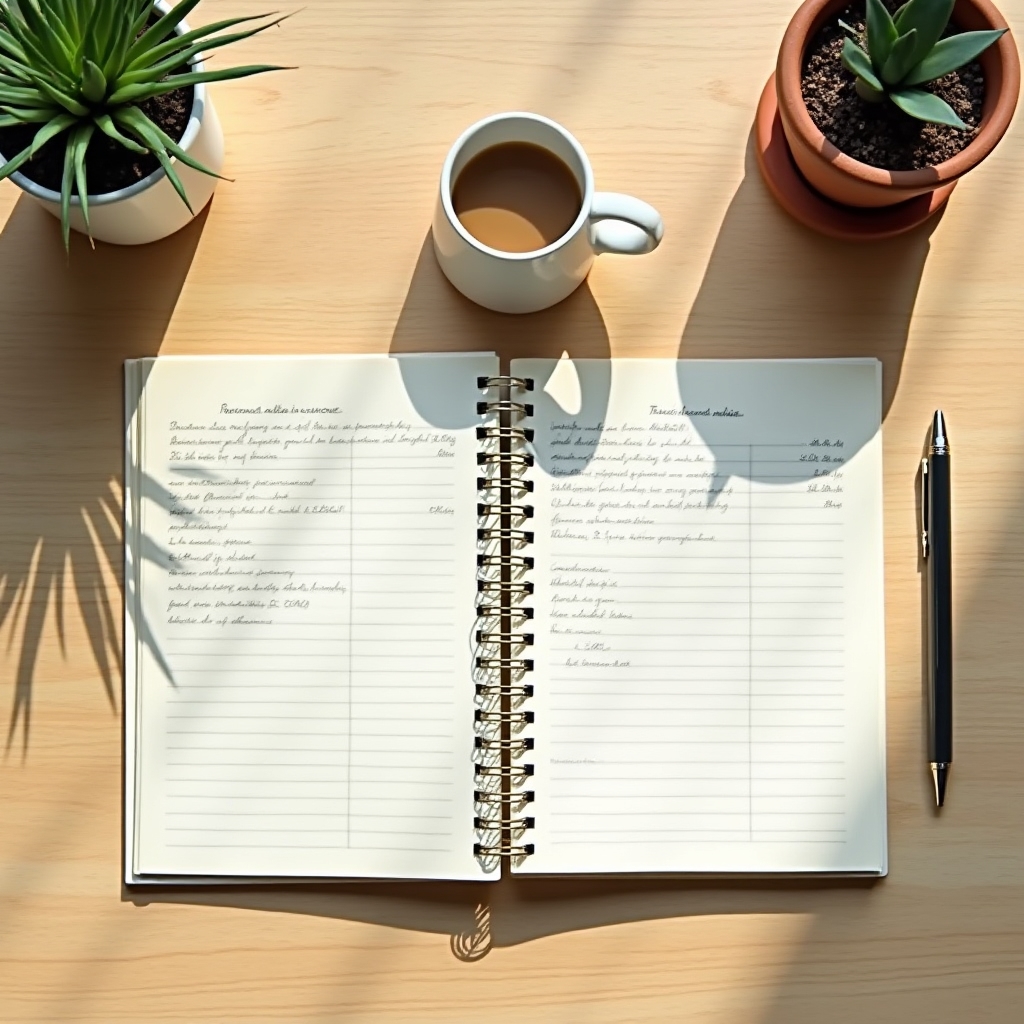 Open notebook with budget notes beside a coffee cup on a clean desk