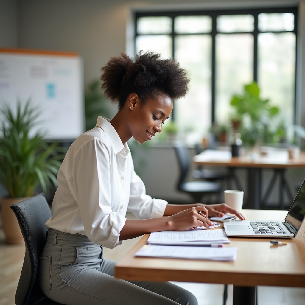 Person reviewing financial notes at a tidy workspace with good natural lighting