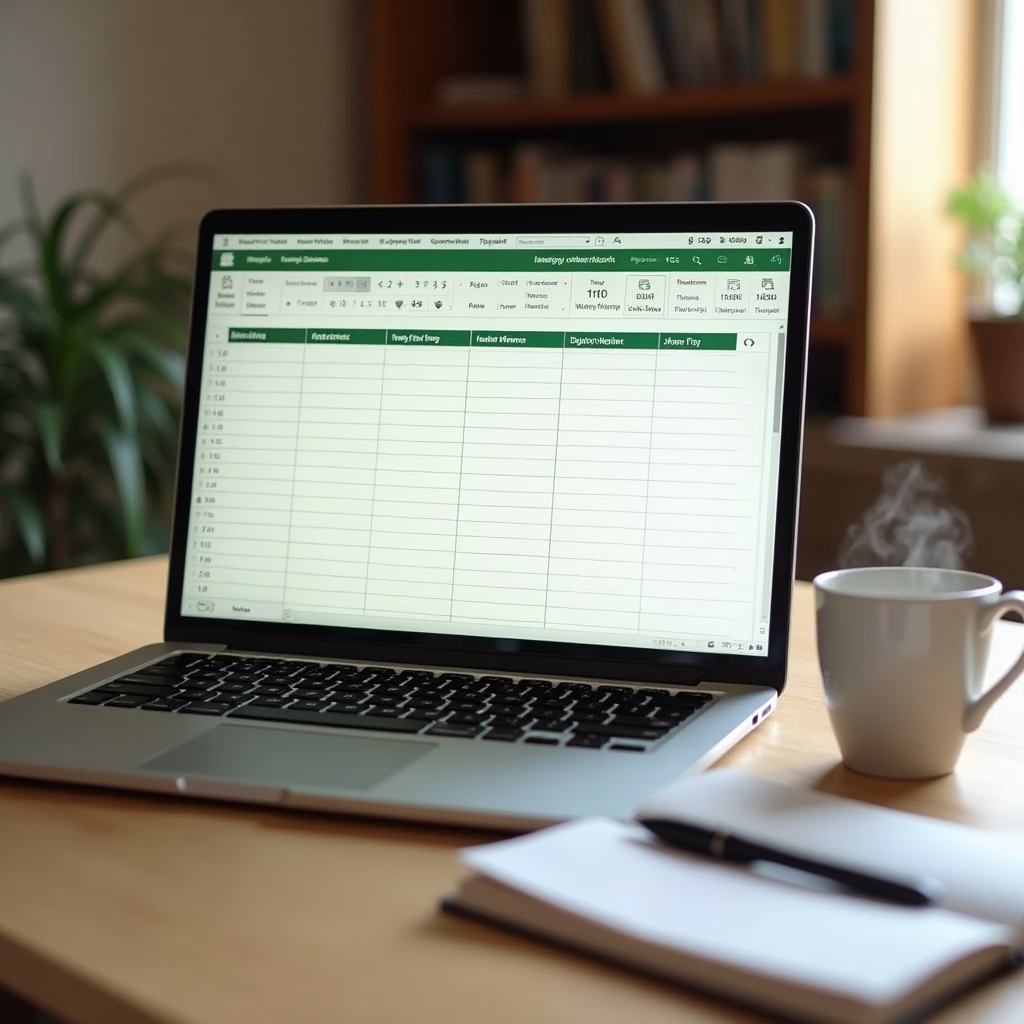 A clean budget spreadsheet on a laptop screen with a cup of tea beside it on a wooden table
