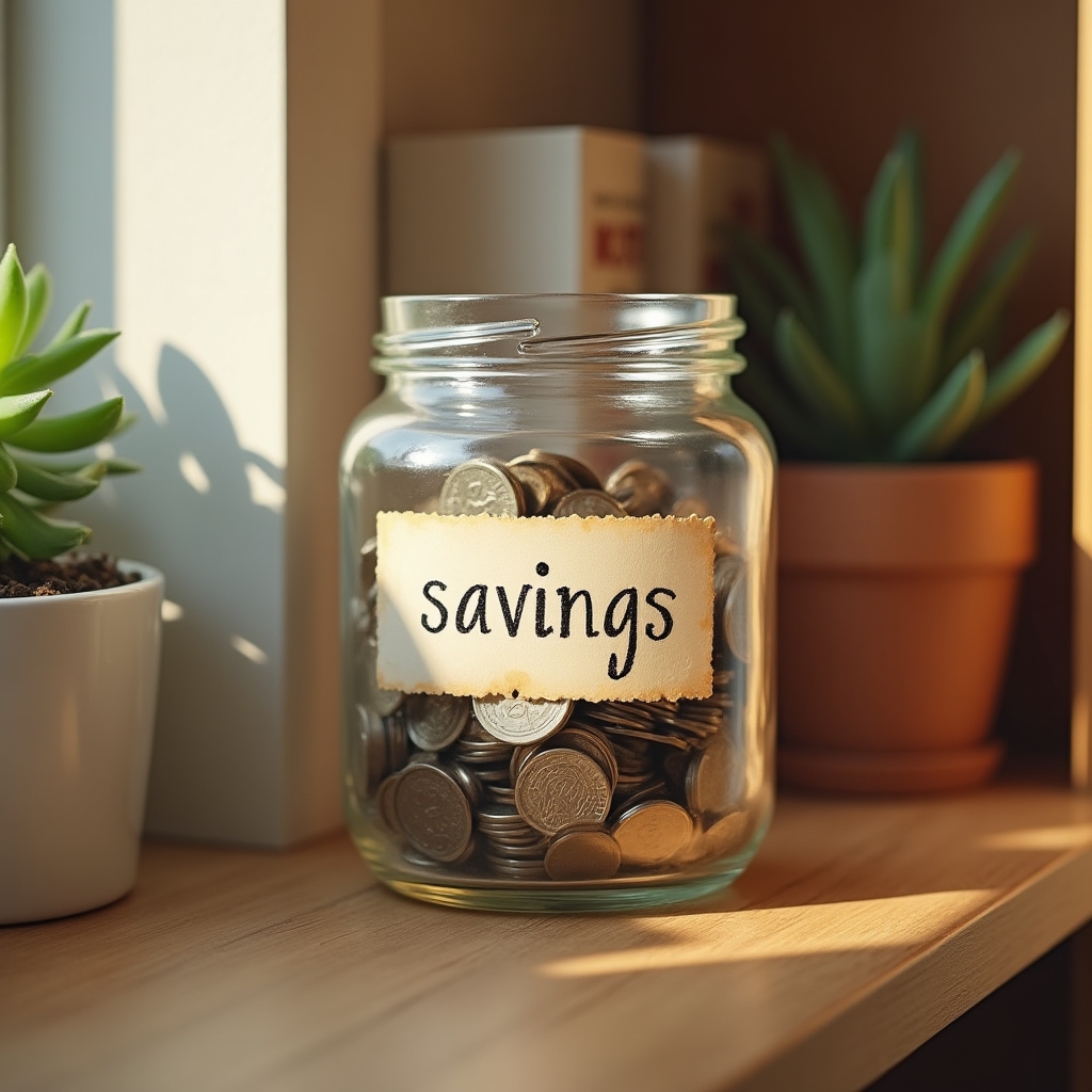 A small clear jar with coins and a handwritten label on a wooden shelf in a bright room